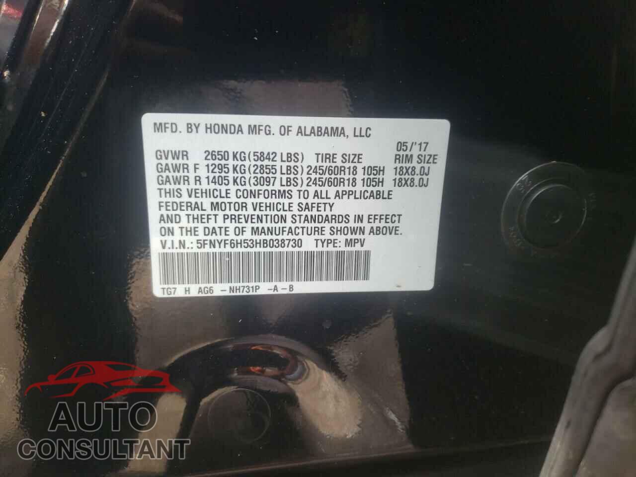 HONDA PILOT 2017 - 5FNYF6H53HB038730