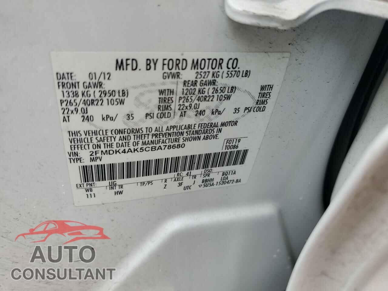 FORD EDGE 2012 - 2FMDK4AK5CBA78680