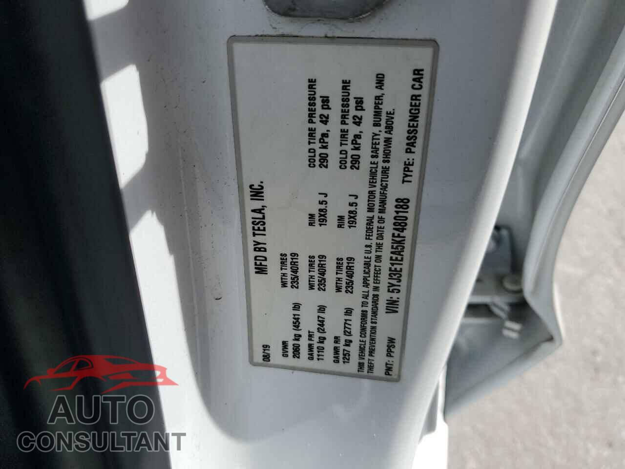TESLA MODEL 3 2019 - 5YJ3E1EA5KF480188