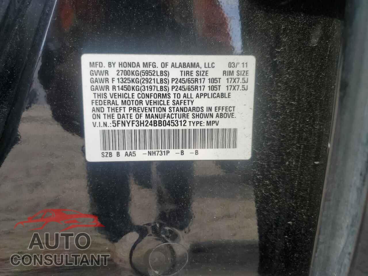 HONDA PILOT 2011 - 5FNYF3H24BB045312
