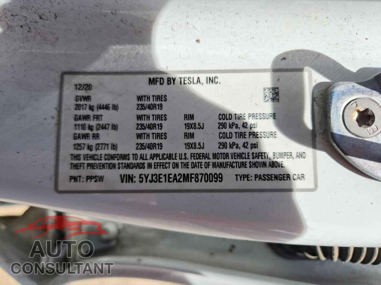 TESLA MODEL 3 2021 - 5YJ3E1EA2MF870099