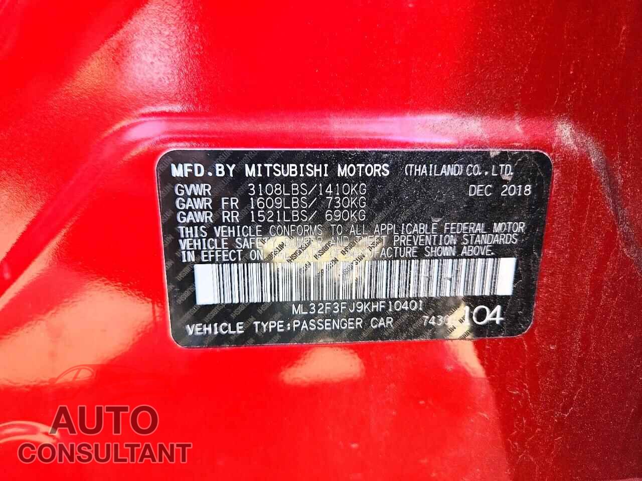 MITSUBISHI MIRAGE 2019 - ML32F3FJ9KHF10401