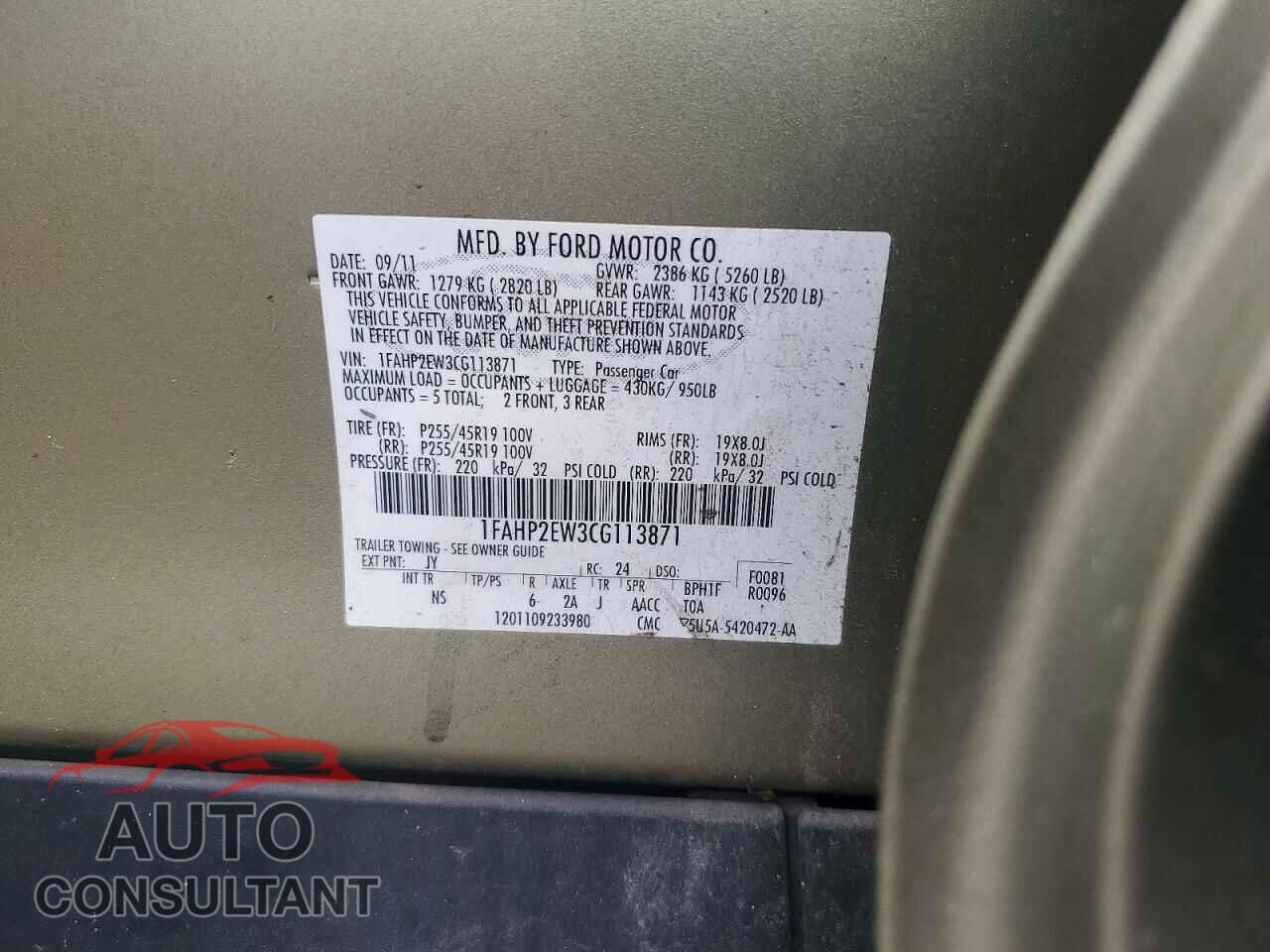 FORD TAURUS 2012 - 1FAHP2EW3CG113871