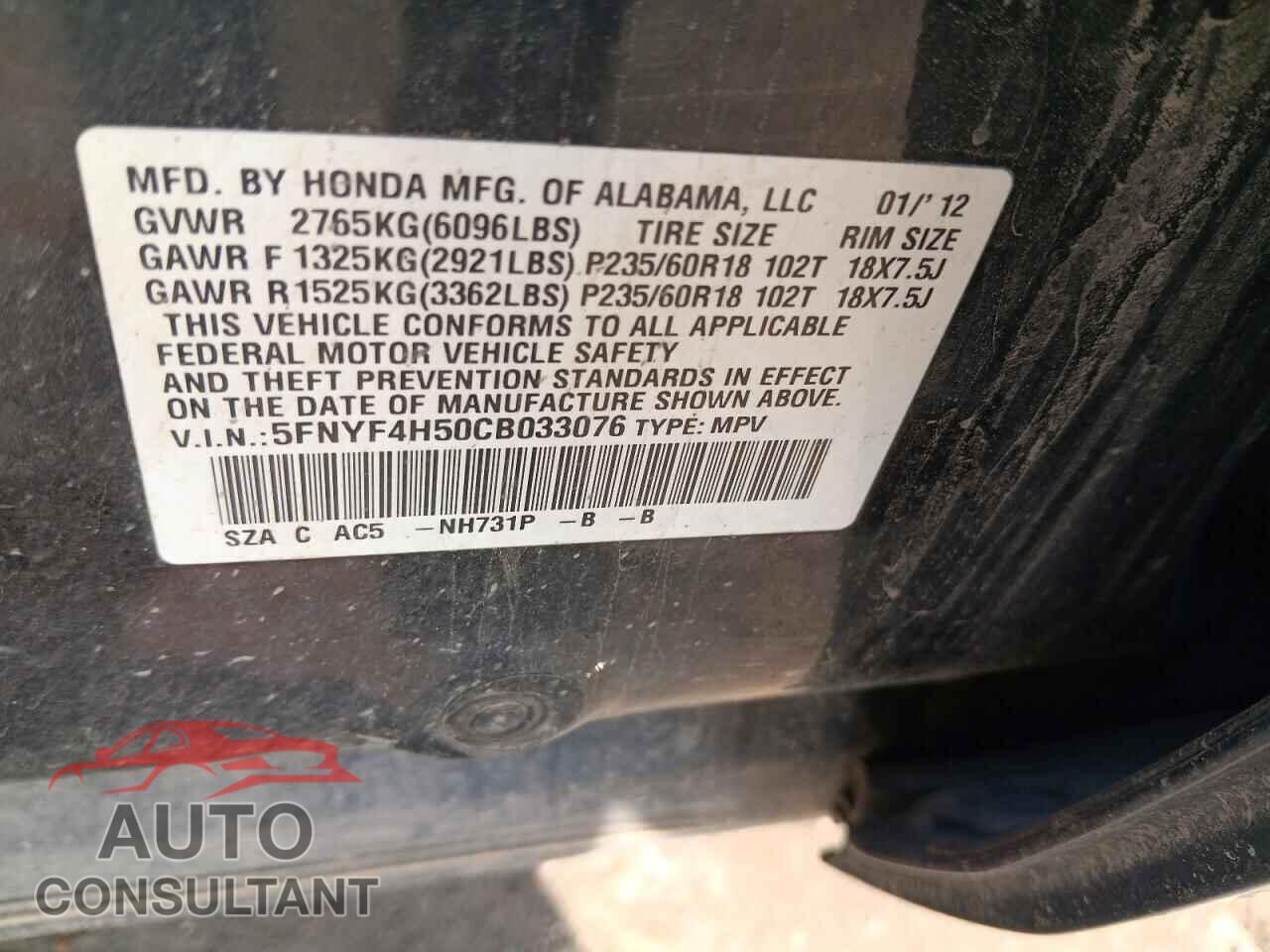 HONDA PILOT 2012 - 5FNYF4H50CB033076