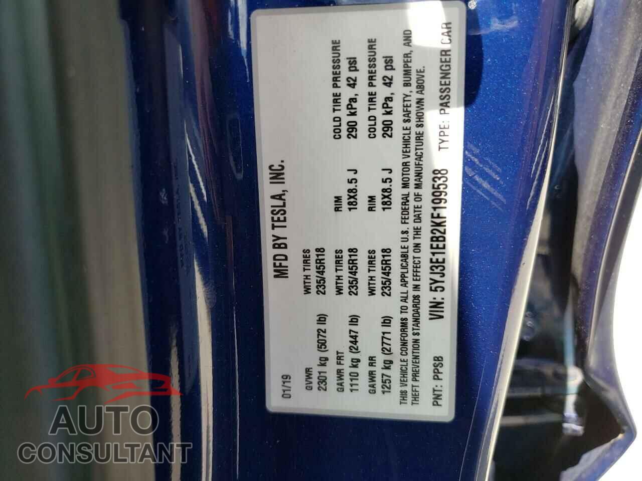 TESLA MODEL 3 2019 - 5YJ3E1EB2KF199538