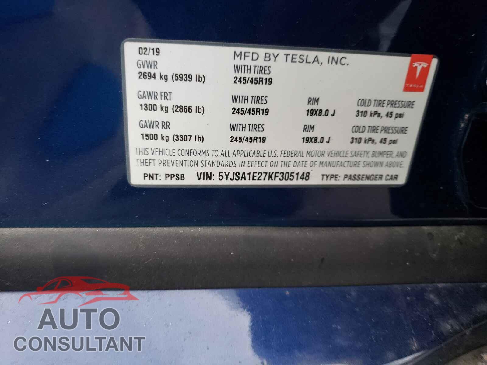 TESLA MODEL S 2019 - 5YJSA1E27KF305148