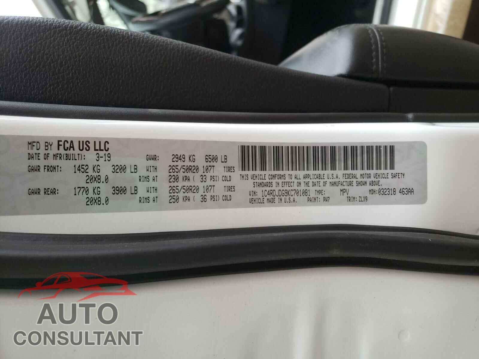 DODGE DURANGO 2019 - 1C4RDJDG9KC701081