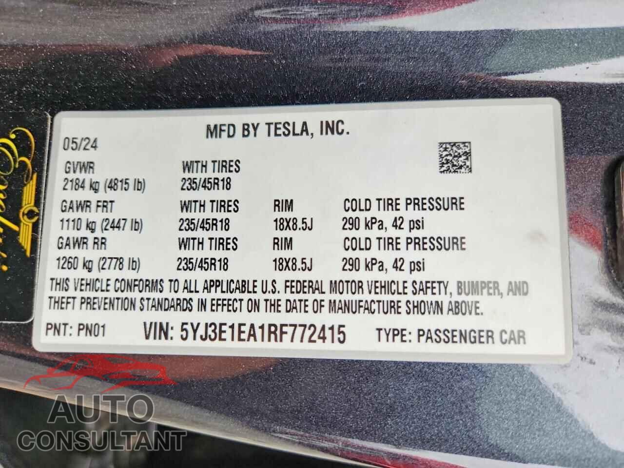 TESLA MODEL 3 2024 - 5YJ3E1EA1RF772415