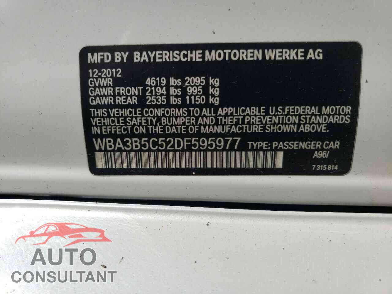 BMW 3 SERIES 2013 - WBA3B5C52DF595977