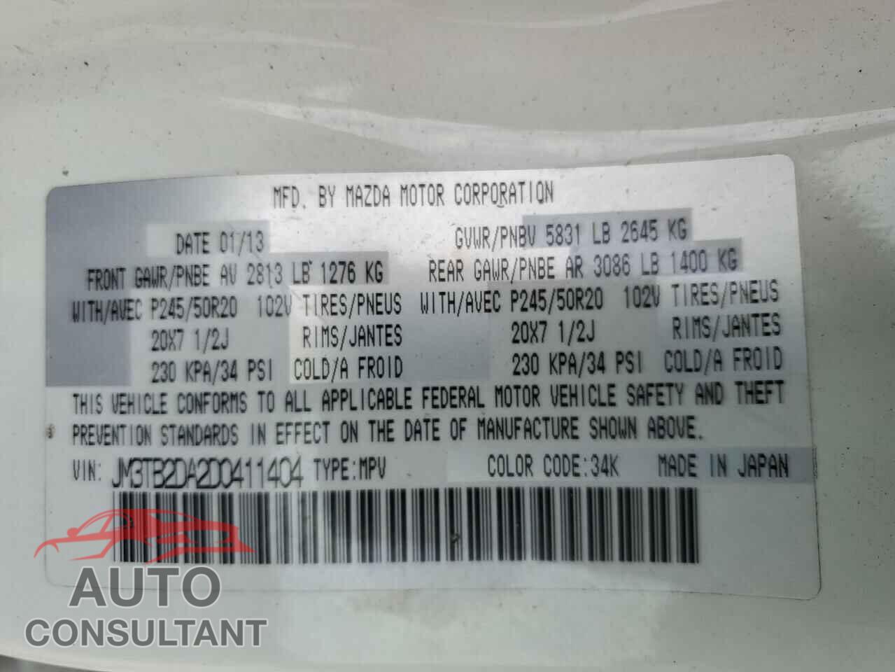MAZDA CX-9 2013 - JM3TB2DA2D0411404