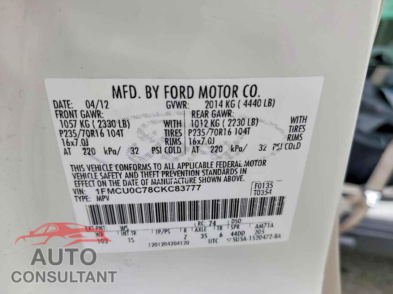 FORD ESCAPE 2012 - 1FMCU0C78CKC83777