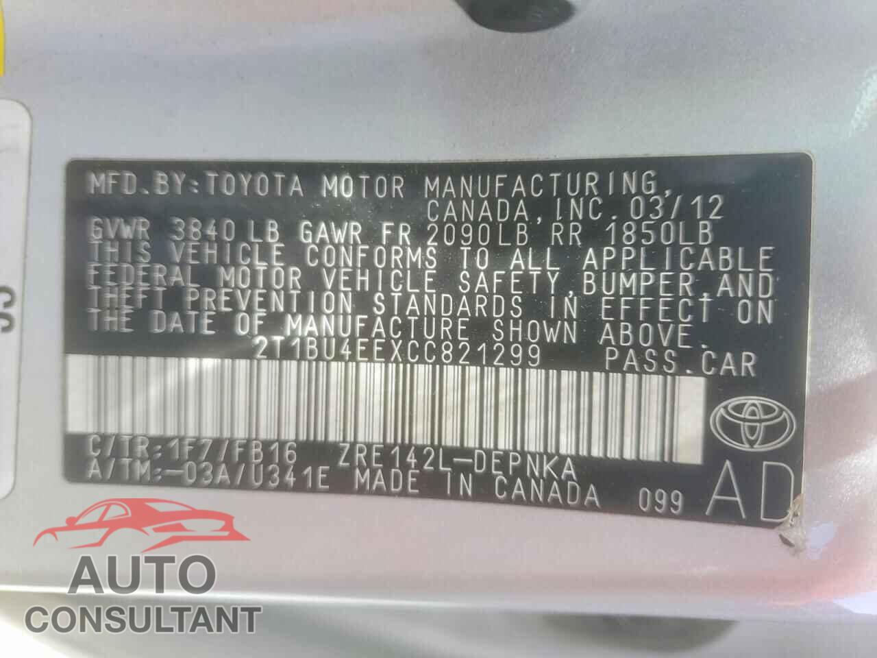 TOYOTA COROLLA 2012 - 2T1BU4EEXCC821299
