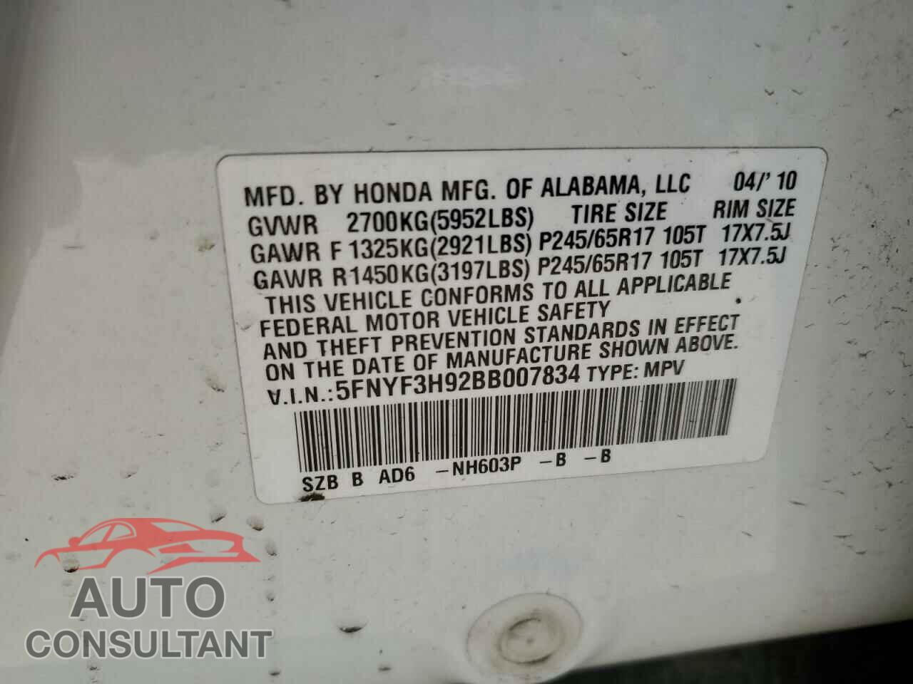 HONDA PILOT 2011 - 5FNYF3H92BB007834