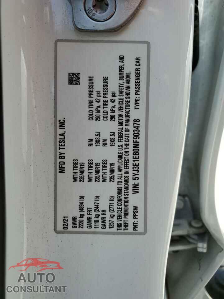 TESLA MODEL 3 2021 - 5YJ3E1EB0MF903478
