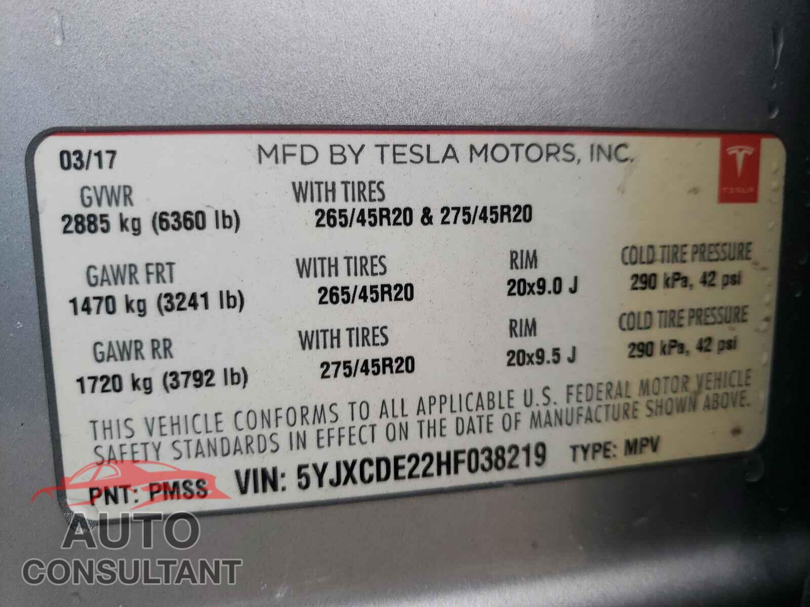 TESLA MODEL X 2017 - 5YJXCDE22HF038219
