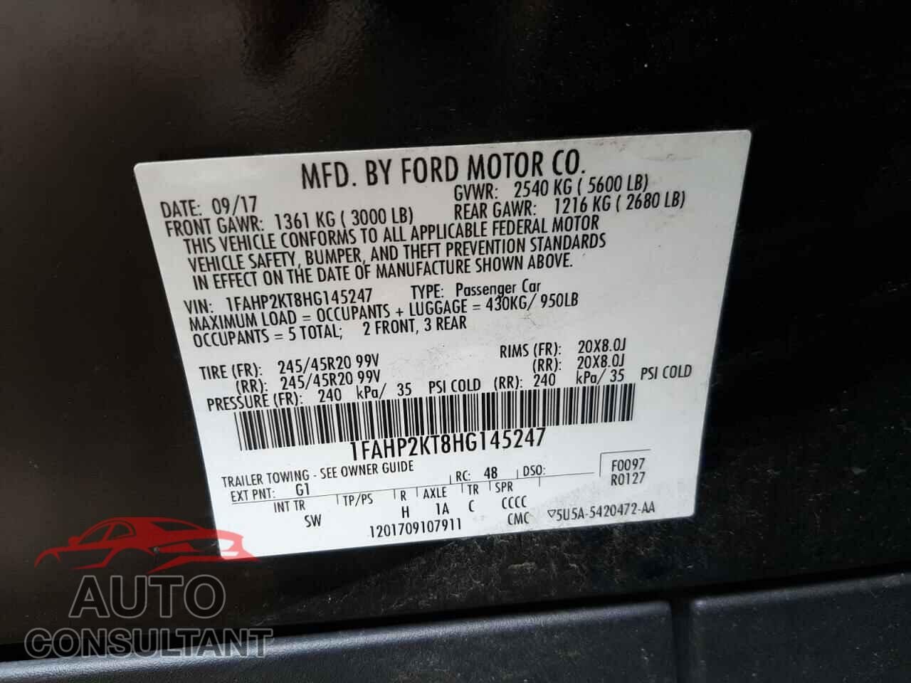 FORD TAURUS 2017 - 1FAHP2KT8HG145247