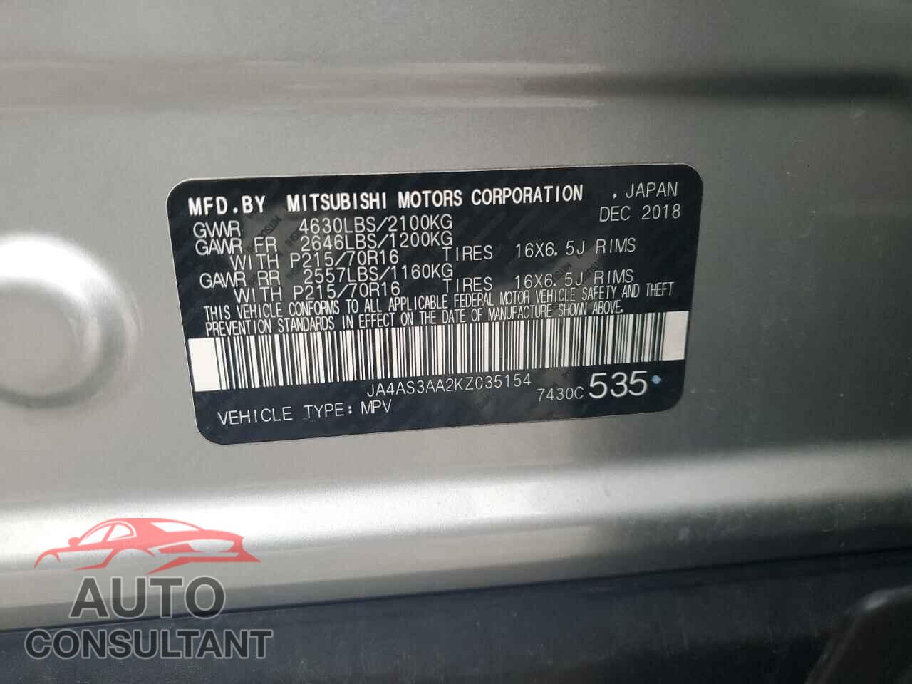 MITSUBISHI ECLIPSE 2019 - JA4AS3AA2KZ035154