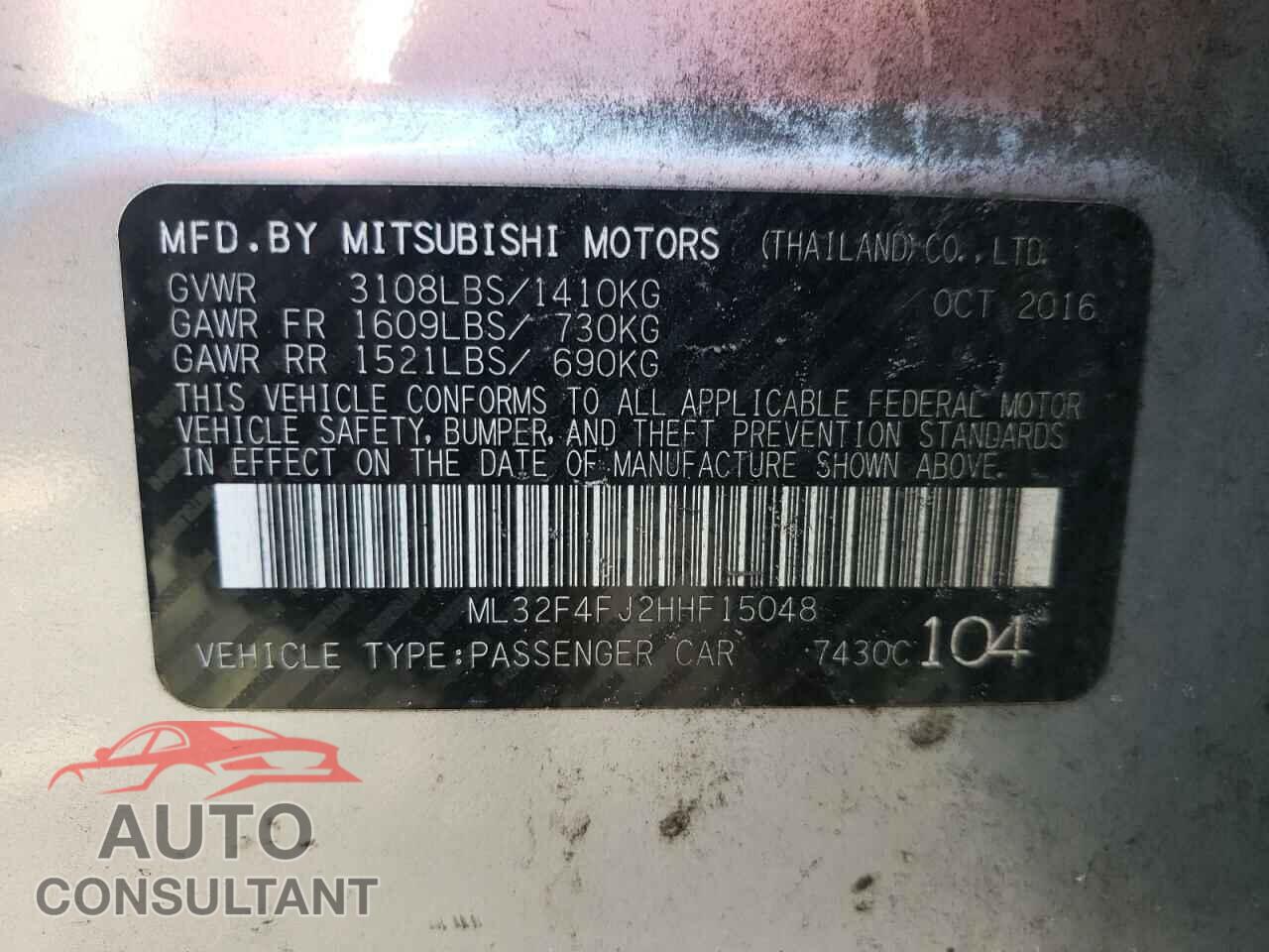 MITSUBISHI MIRAGE 2017 - ML32F4FJ2HHF15048