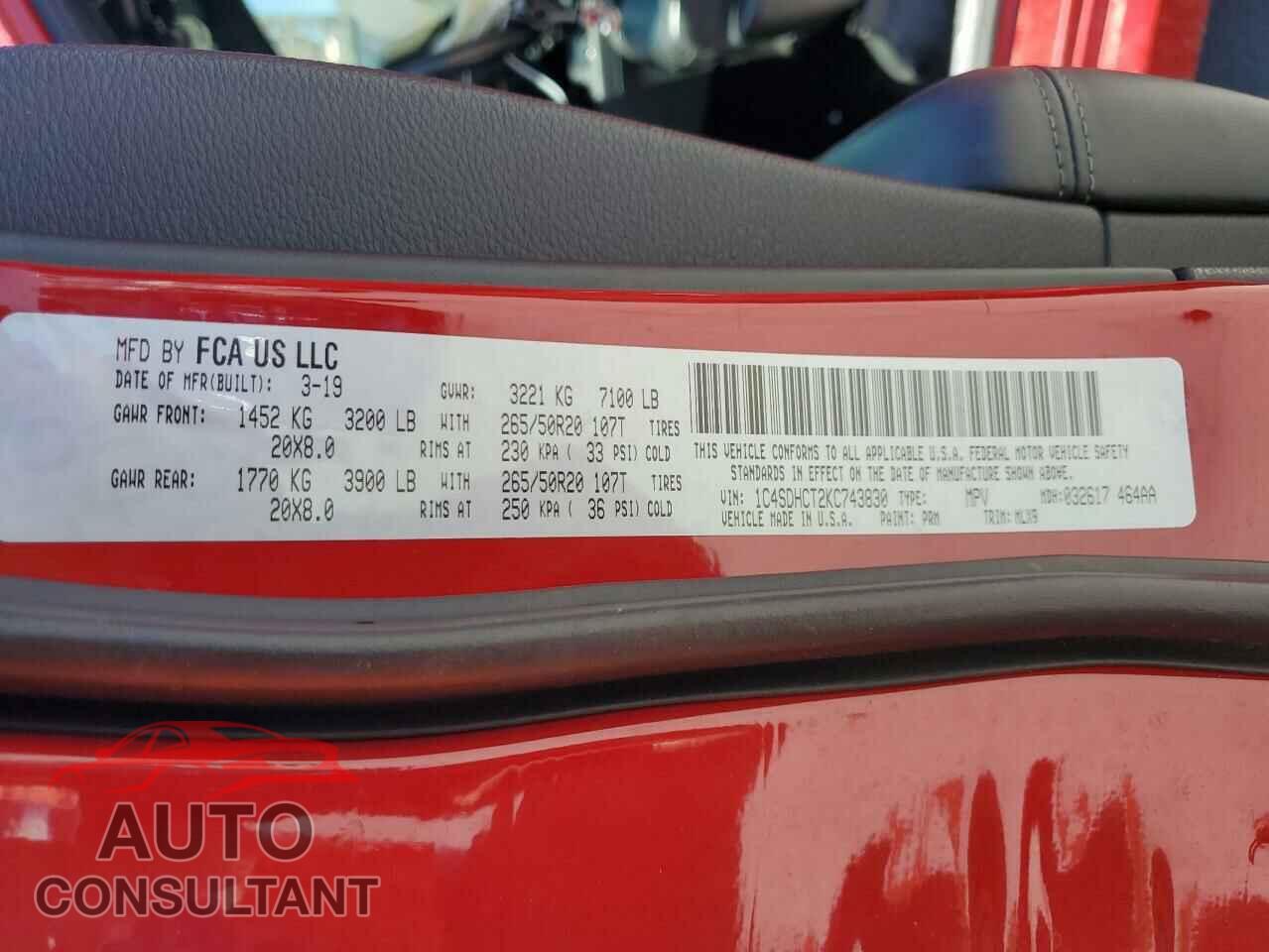 DODGE DURANGO 2019 - 1C4SDHCT2KC743830