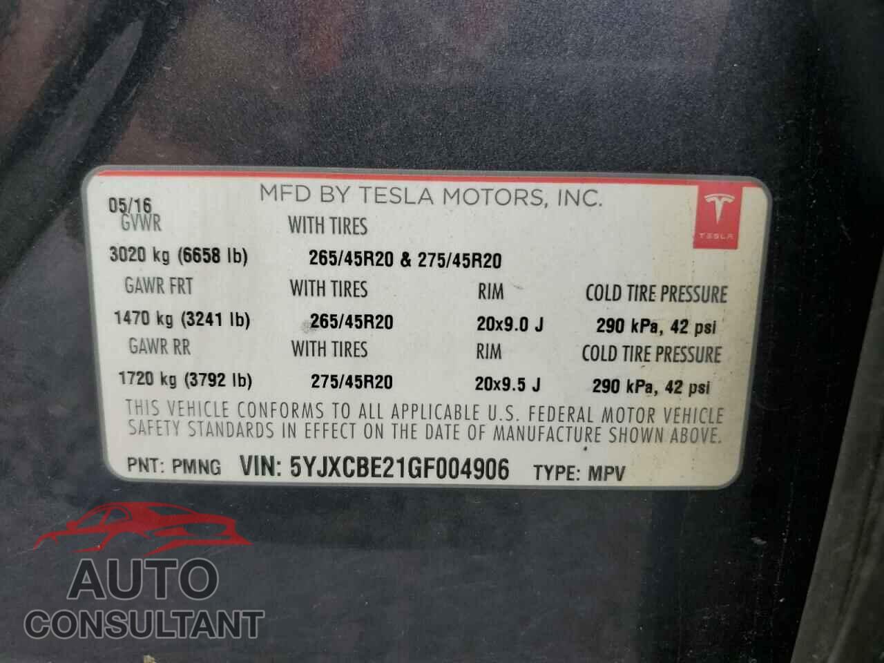 TESLA MODEL X 2016 - 5YJXCBE21GF004906