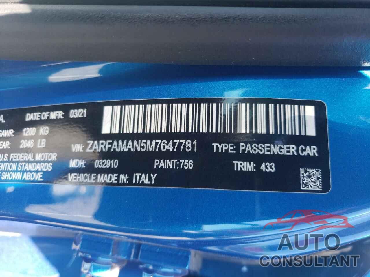 ALFA ROMEO GIULIA 2021 - ZARFAMAN5M7647781