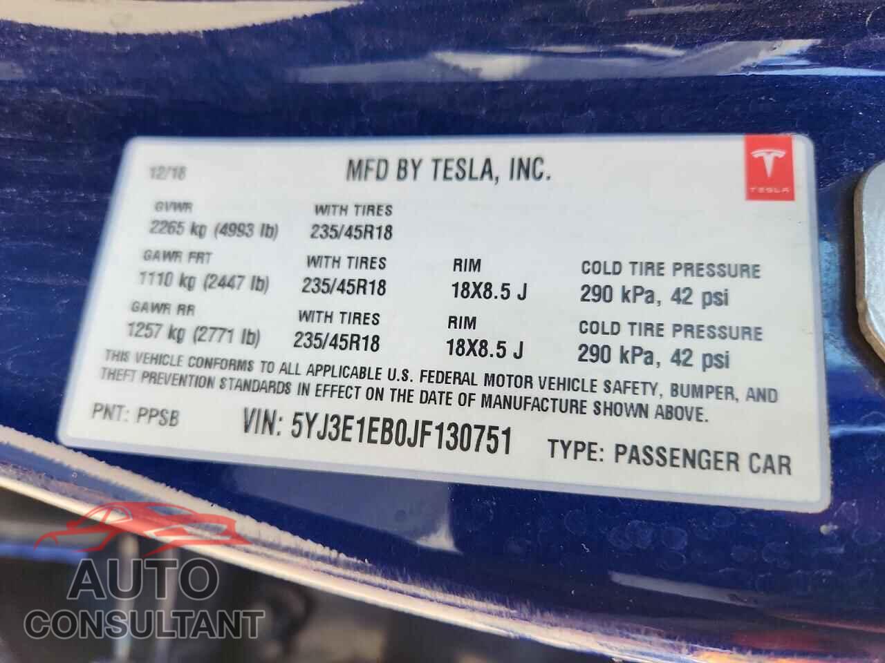 TESLA MODEL 3 2018 - 5YJ3E1EB0JF130751