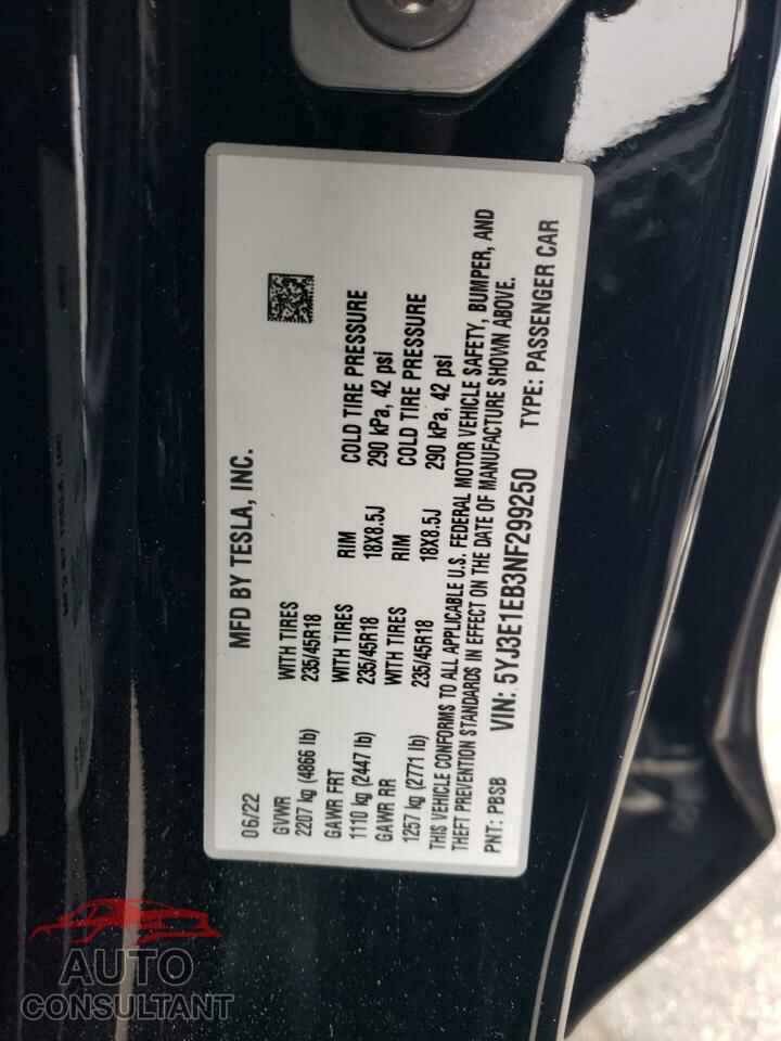 TESLA MODEL 3 2022 - 5YJ3E1EB3NF299250