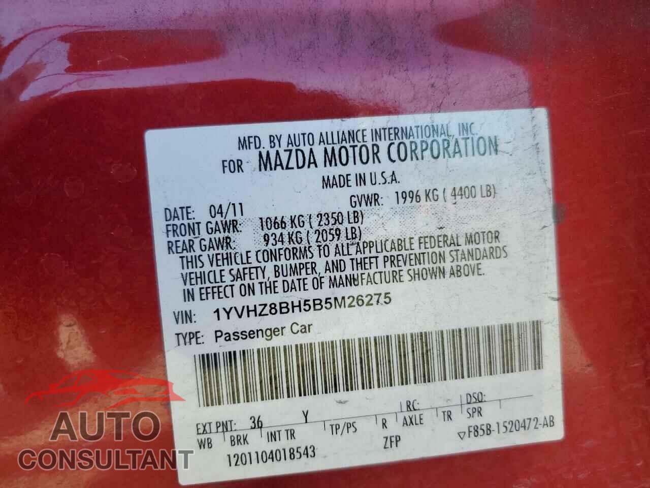 MAZDA 6 2011 - 1YVHZ8BH5B5M26275