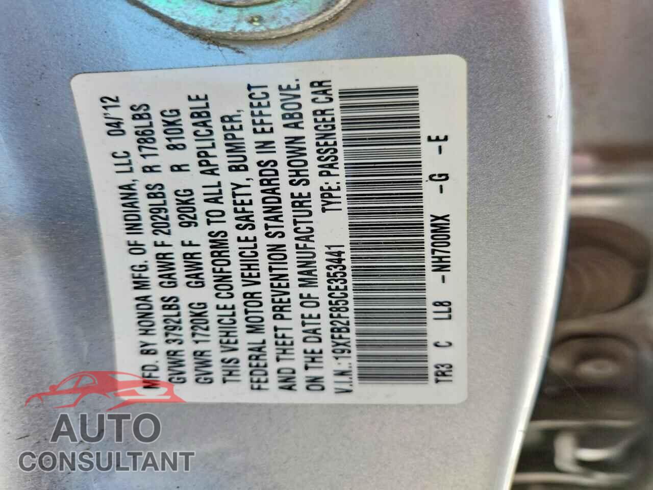 HONDA CIVIC 2012 - 19XFB2F85CE353441