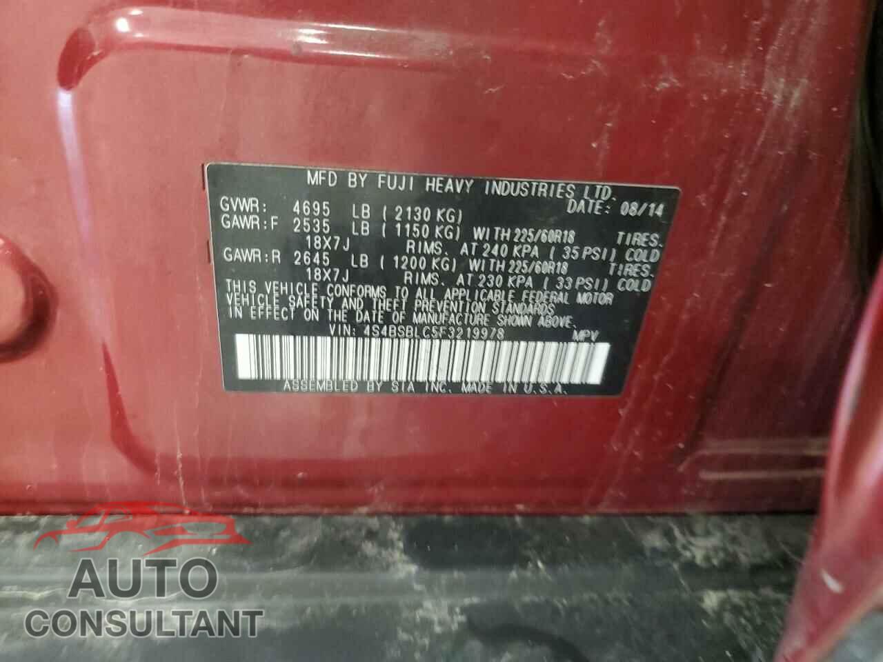 SUBARU OUTBACK 2015 - 4S4BSBLC5F3219978