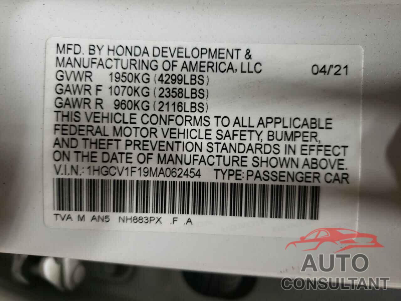 HONDA ACCORD 2021 - 1HGCV1F19MA062454