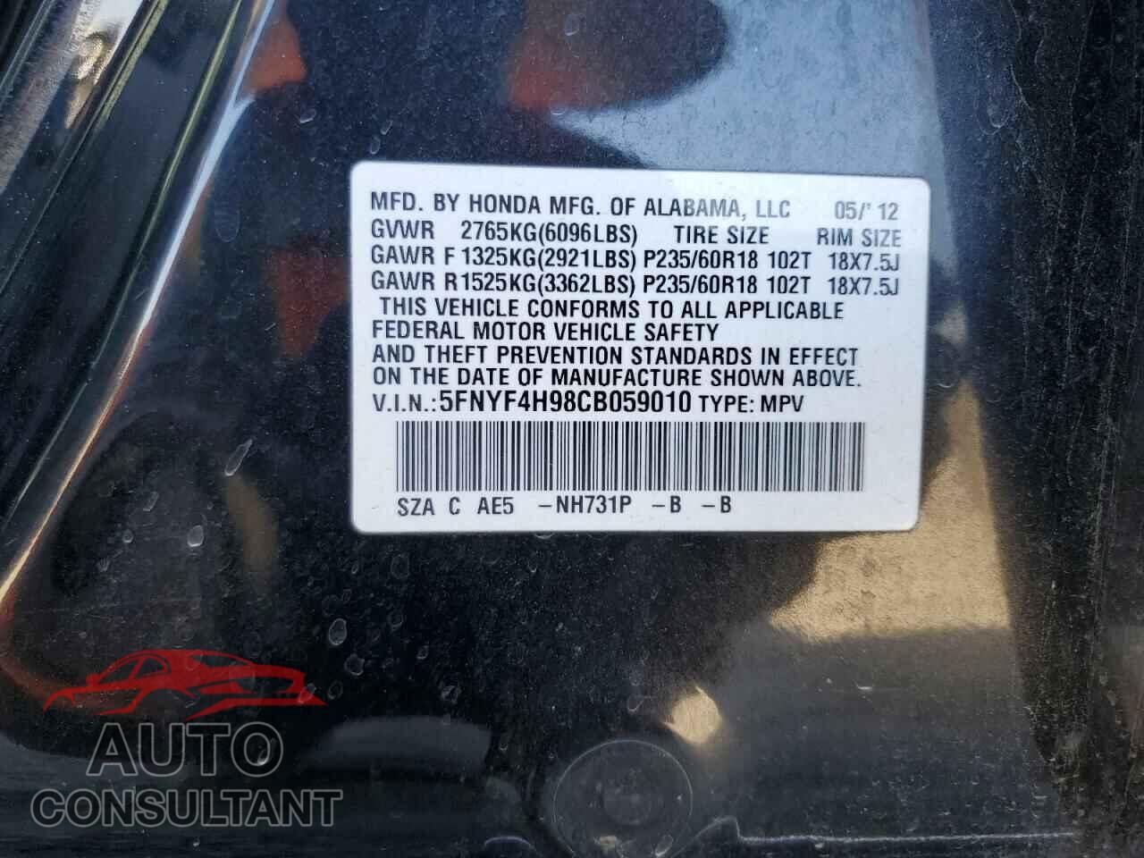 HONDA PILOT 2012 - 5FNYF4H98CB059010