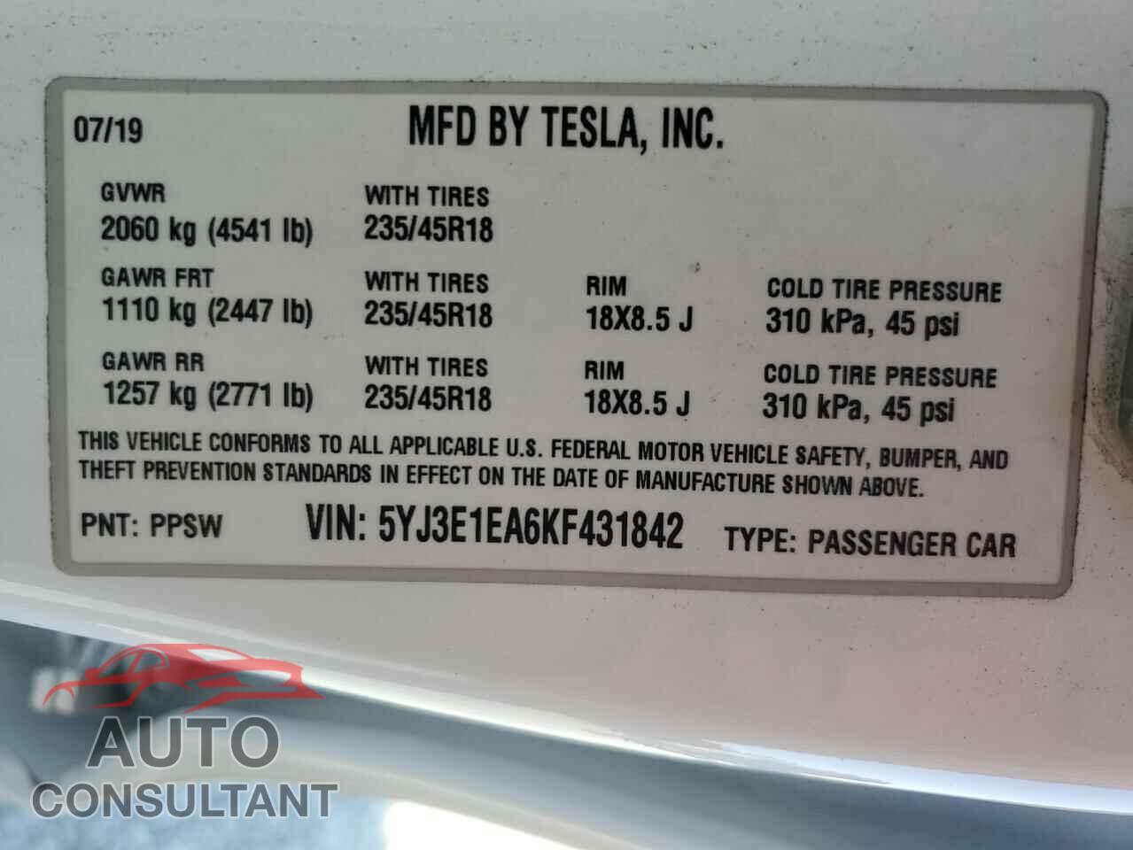 TESLA MODEL 3 2019 - 5YJ3E1EA6KF431842