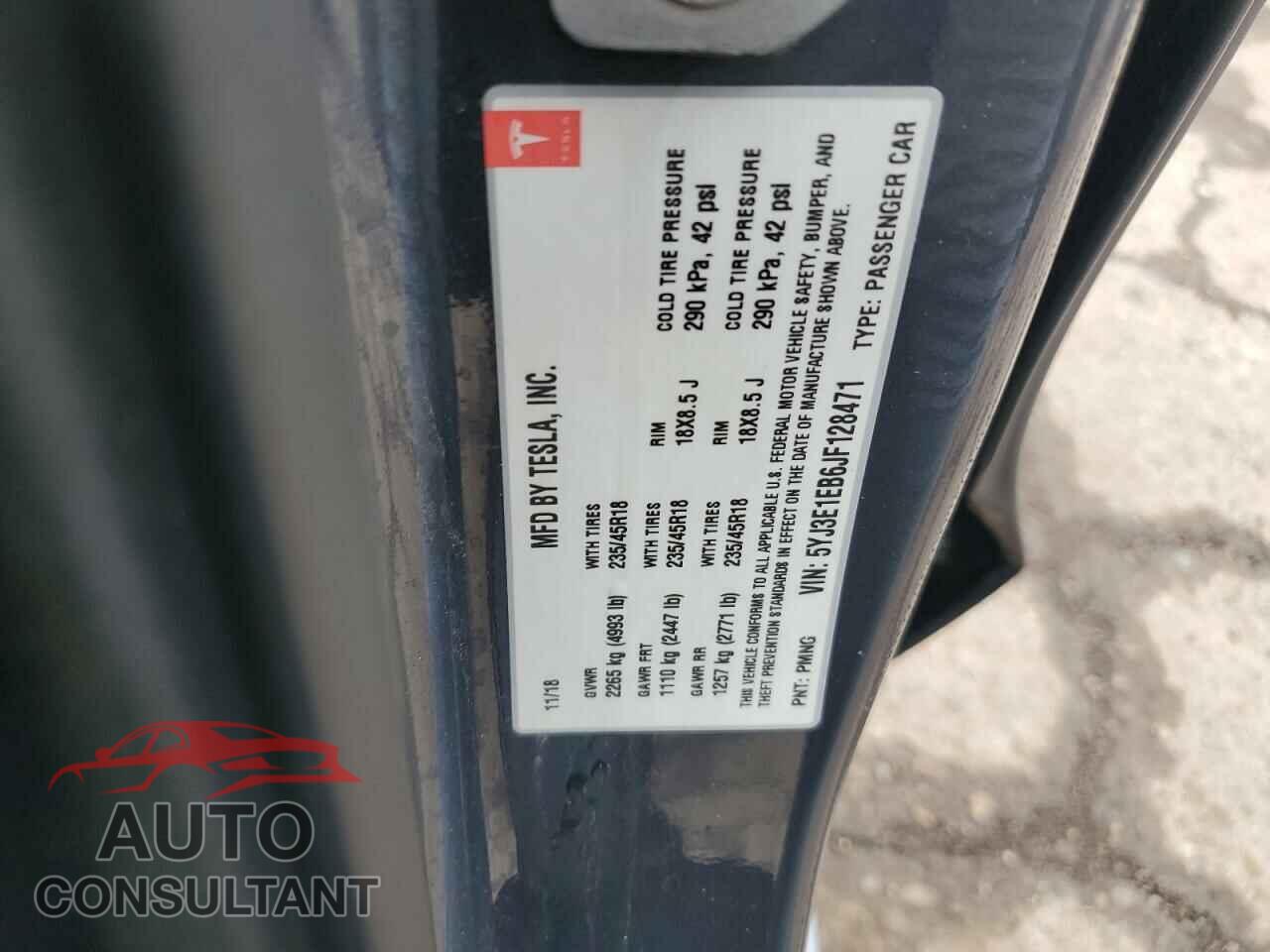 TESLA MODEL 3 2018 - 5YJ3E1EB6JF128471