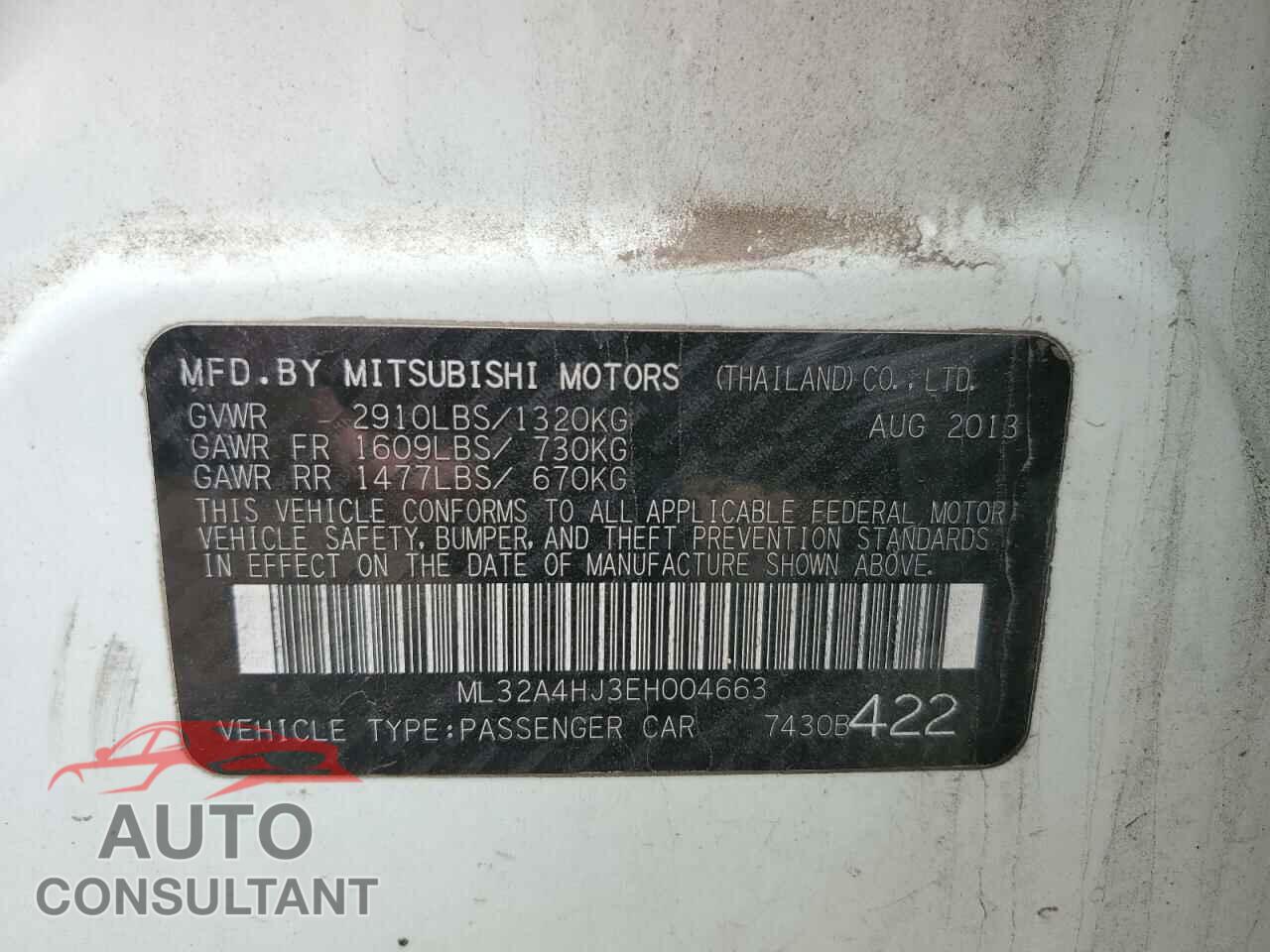 MITSUBISHI MIRAGE 2014 - ML32A4HJ3EH004663