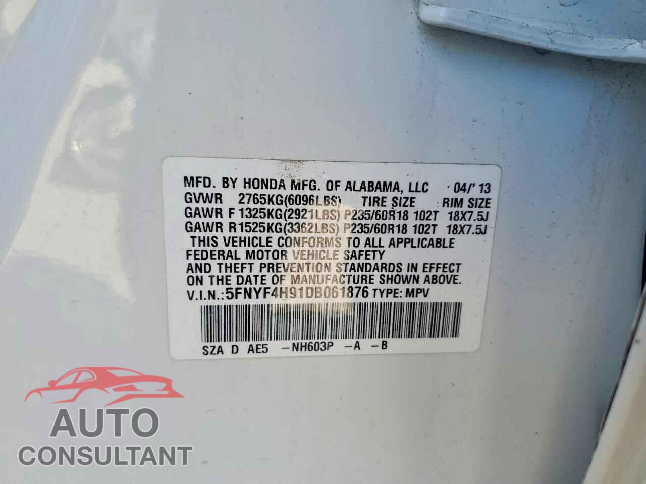 HONDA PILOT 2013 - 5FNYF4H91DB061876