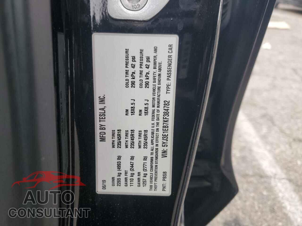 TESLA MODEL 3 2019 - 5YJ3E1EB7KF384782