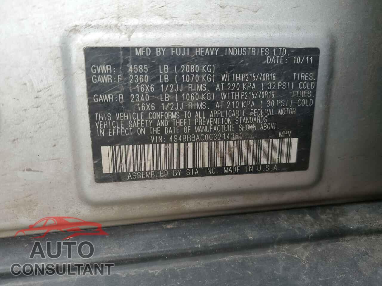 SUBARU OUTBACK 2012 - 4S4BRBAC0C3214360
