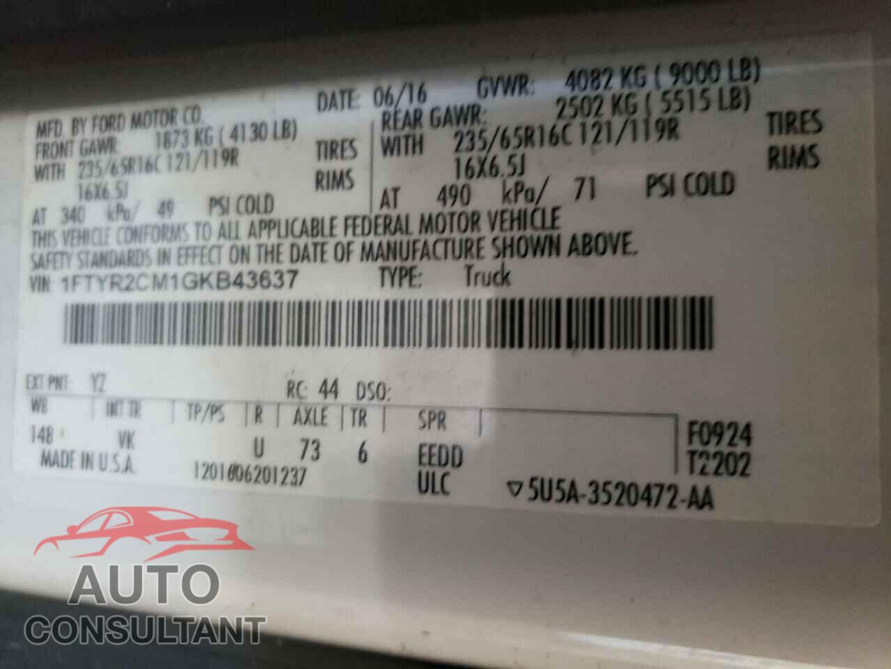 FORD TRANSIT 2016 - 1FTYR2CM1GKB43637