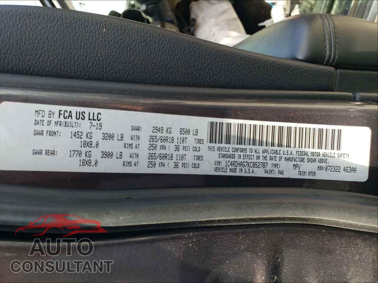 DODGE DURANGO 2019 - 1C4RDHAG7KC852787