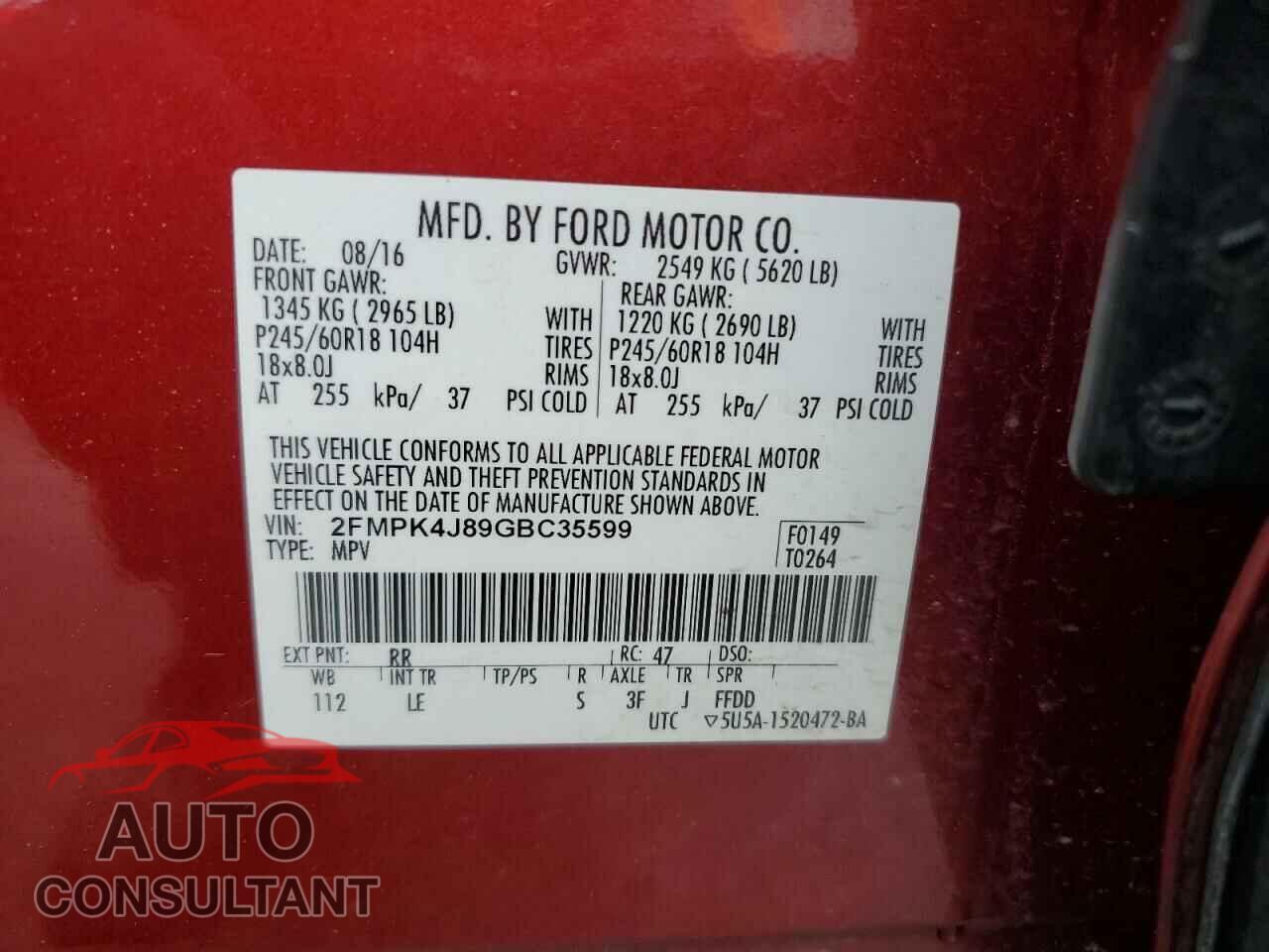 FORD EDGE 2016 - 2FMPK4J89GBC35599