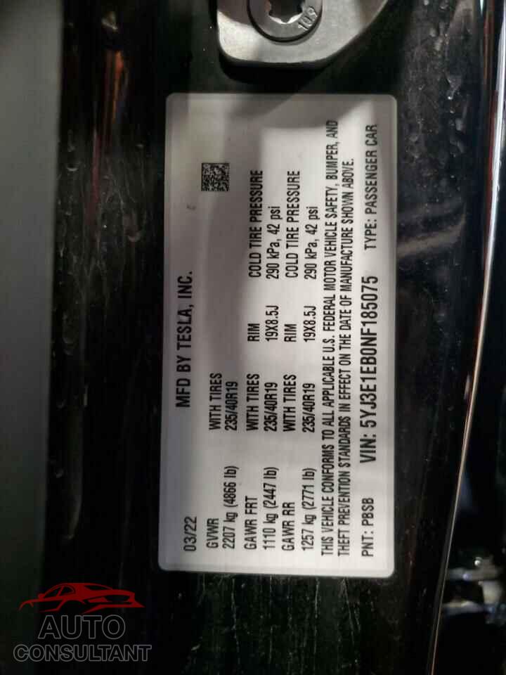 TESLA MODEL 3 2022 - 5YJ3E1EB0NF185075