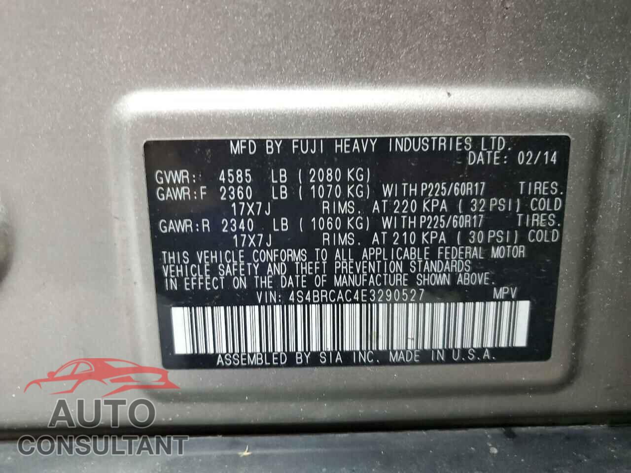 SUBARU OUTBACK 2014 - 4S4BRCAC4E3290527