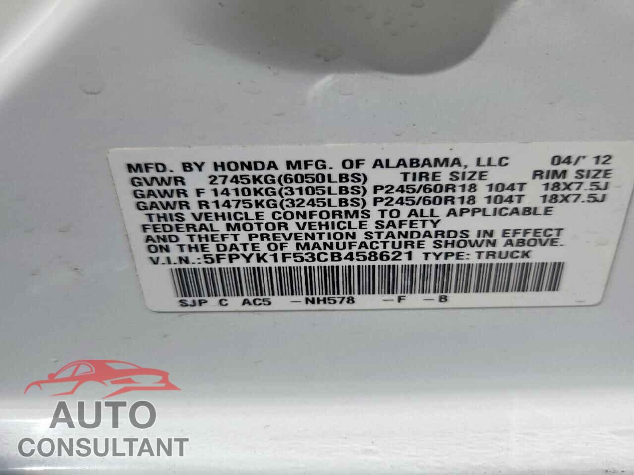 HONDA RIDGELINE 2012 - 5FPYK1F53CB458621