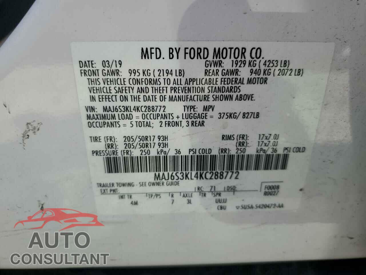 FORD ECOSPORT 2019 - MAJ6S3KL4KC288772