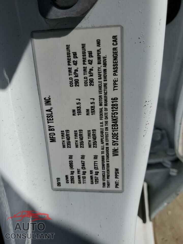 TESLA MODEL 3 2019 - 5YJ3E1EB4KF512816