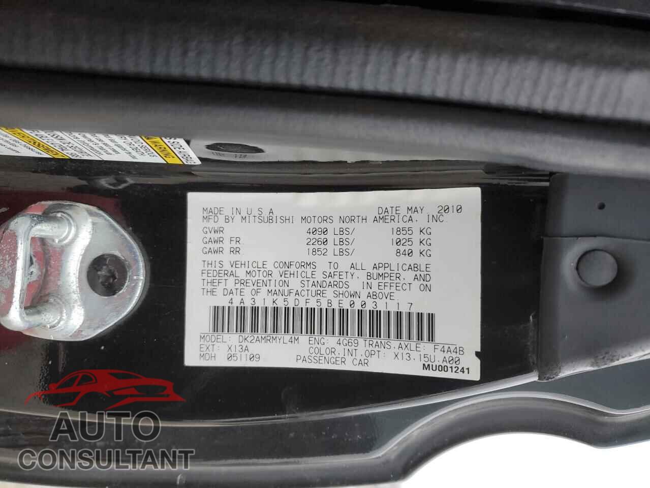 MITSUBISHI ECLIPSE 2011 - 4A31K5DF5BE003117