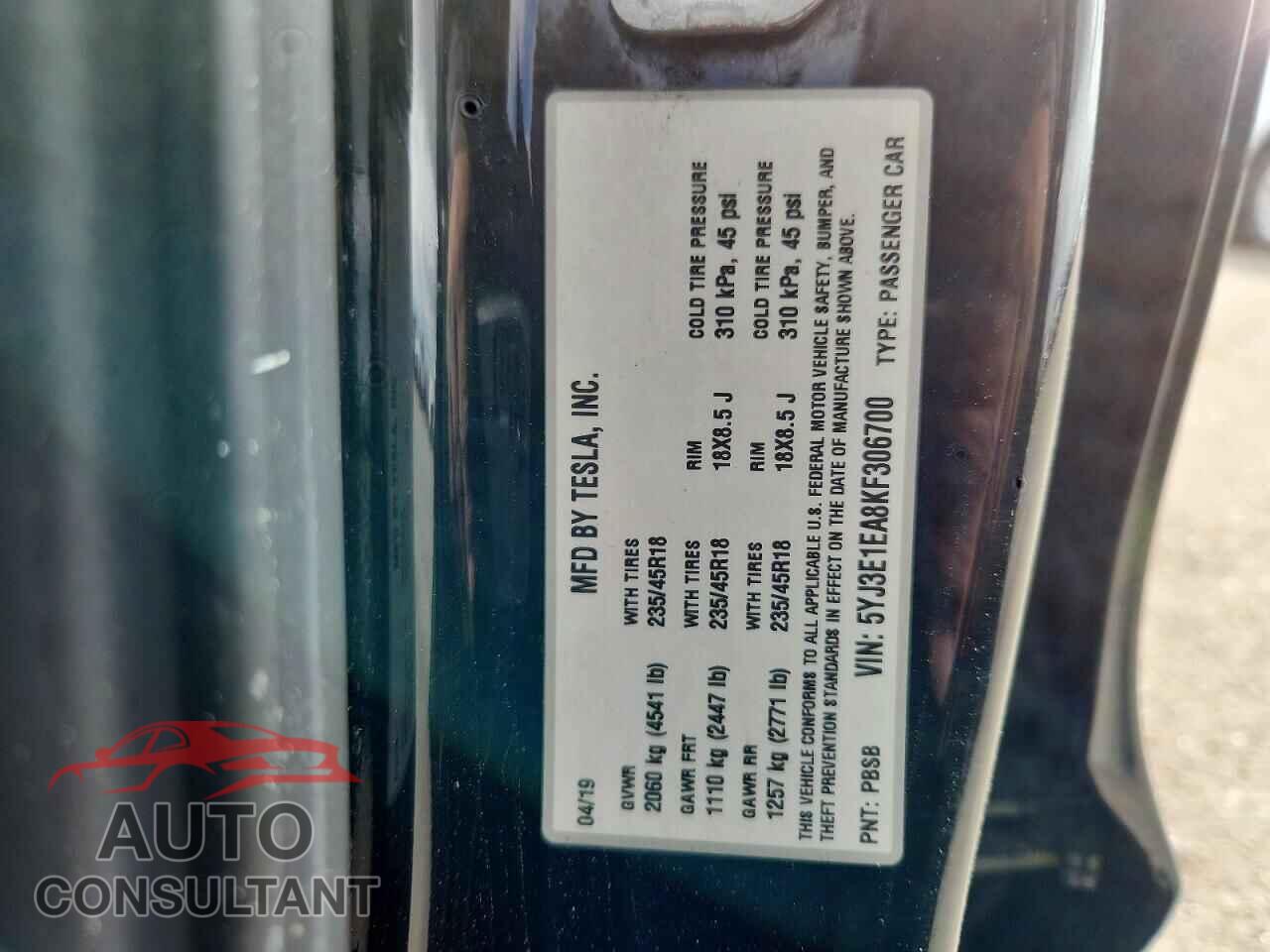 TESLA MODEL 3 2019 - 5YJ3E1EA8KF306700