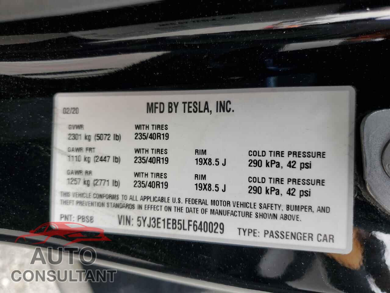 TESLA MODEL 3 2020 - 5YJ3E1EB5LF640029