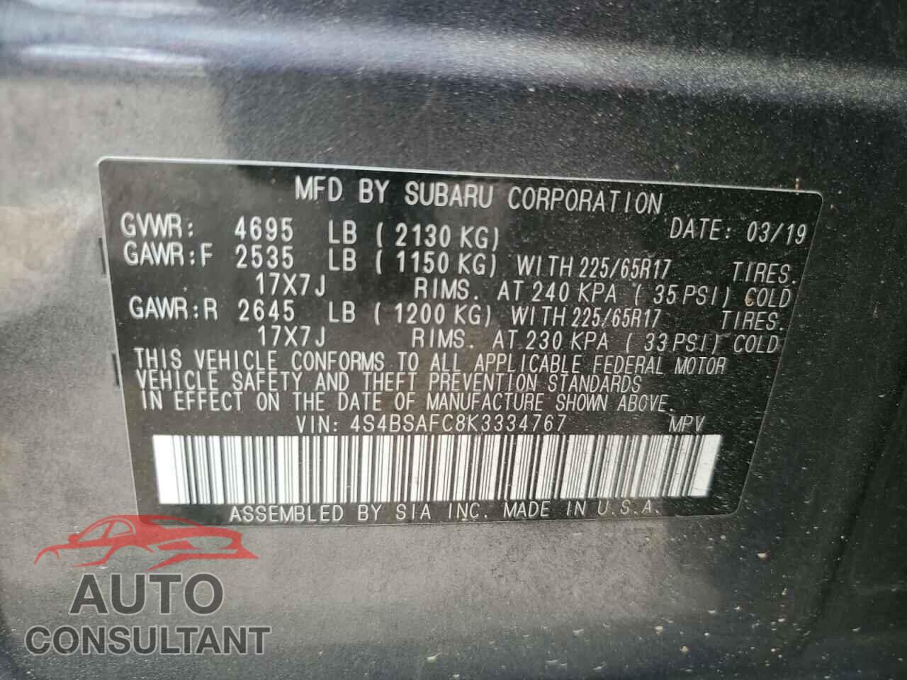 SUBARU OUTBACK 2019 - 4S4BSAFC8K3334767